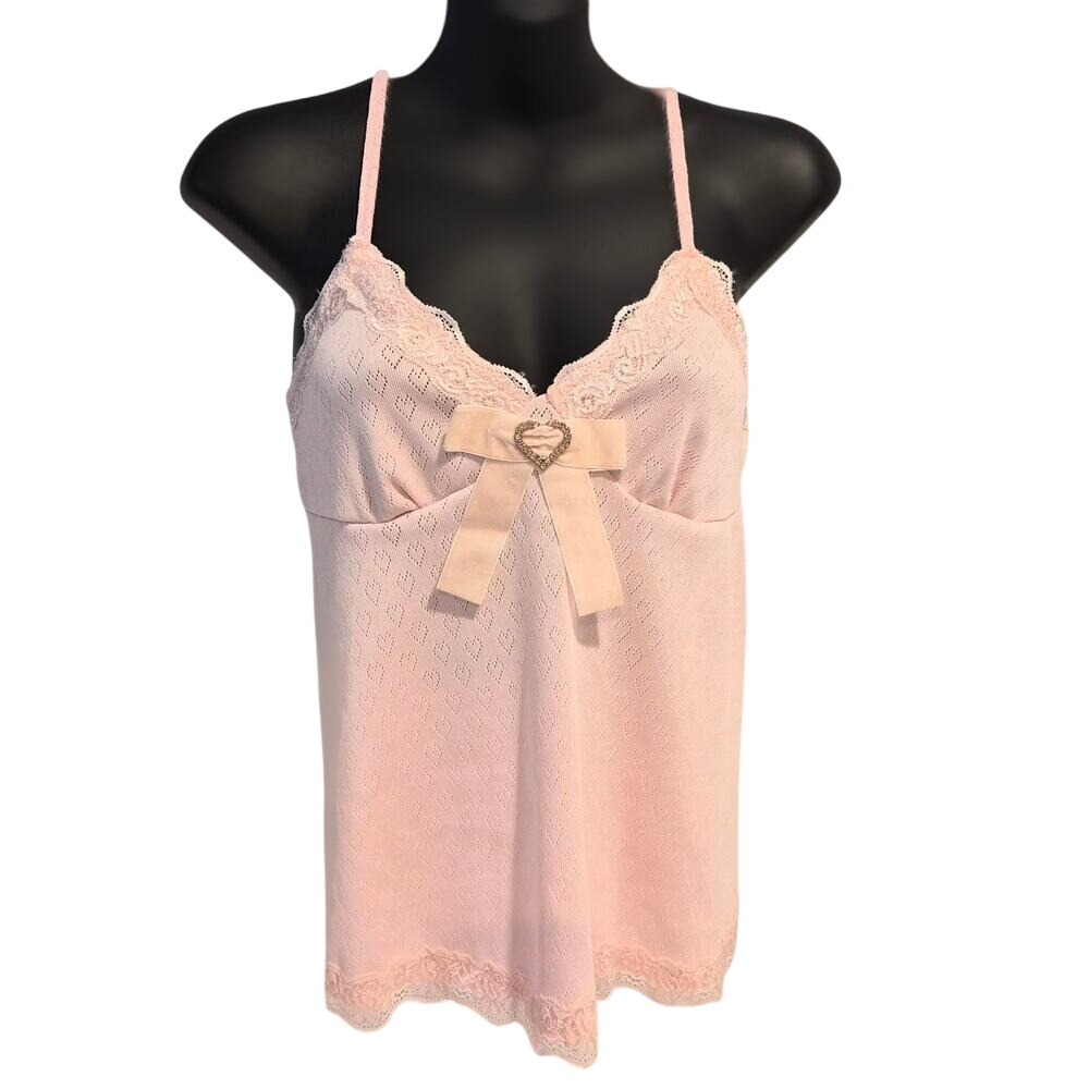 Pink Pointelle Lace Camisole Rhinestone Heart Bow Coquette Cami Top